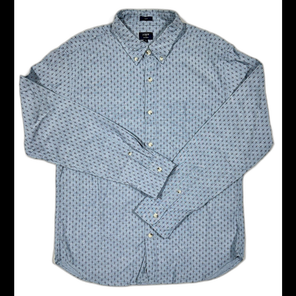 J.Crew Chambray Button Down Shirt Men’s Large Slim Fit Blue Geometric Print